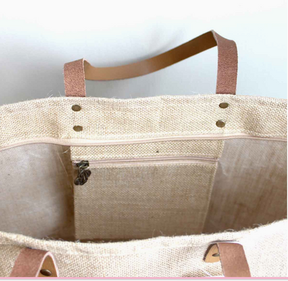 Natural beige jute tote with tan rope handles