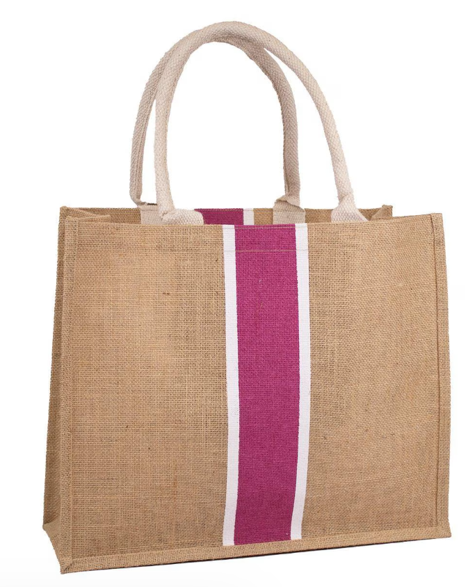 Natural jute tote with a wide pink stripe down the center, white accent stripes, and cream handles