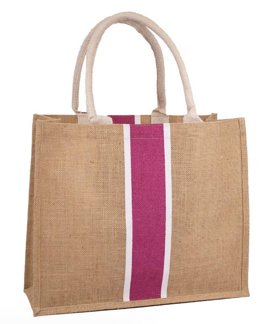 Natural jute tote with a wide pink stripe down the center, white accent stripes, and cream handles