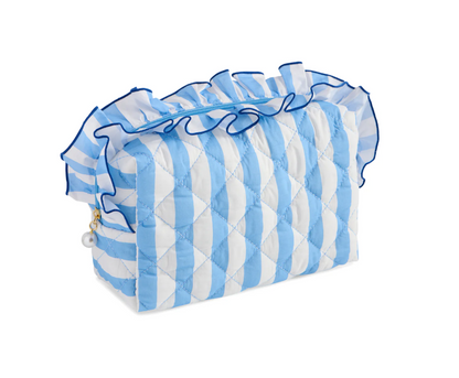 Pink and white striped quilted pouch with a green-trimmed ruffle along the top zip