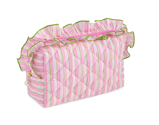 Blue and white striped quilted pouch with a navy-trimmed ruffle along the top zip