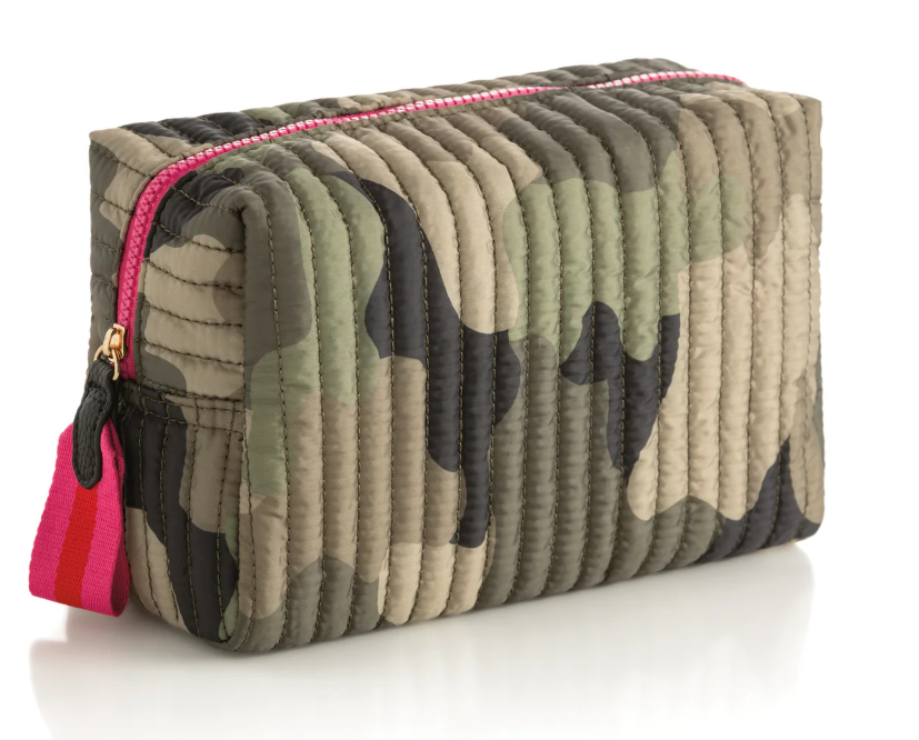 Camouflage quilted zipper pouch with vertical channels and a hot pink zip pull