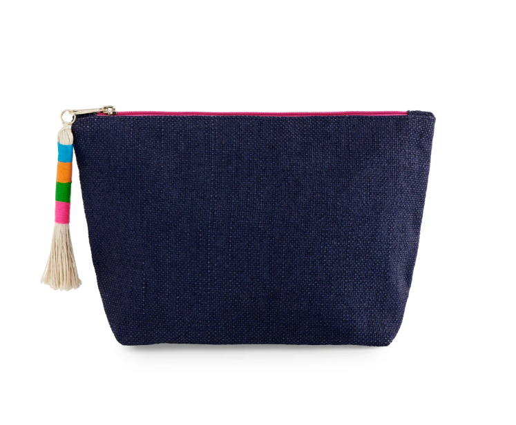 Navy jute zipper pouch with a hot pink zipper and a tassel pull wrapped in blue, orange, green, and pink thread