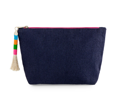 Navy jute zipper pouch with a hot pink zipper and a tassel pull wrapped in blue, orange, green, and pink thread