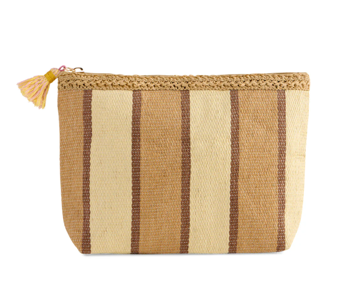 Woven straw zipper pouch in tan, cream, and brown stripes with braided trim along the top and a pastel tassel pull