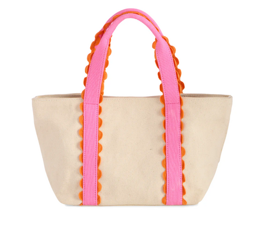 Mini natural canvas tote with hot pink handles edged in orange ric rac trim