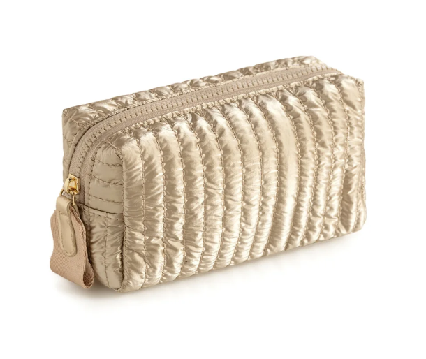 Gold metallic quilted zipper pouch with a tan zip pull