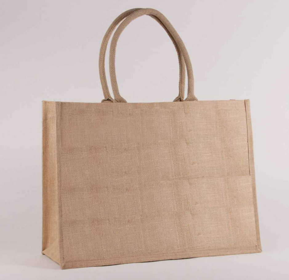 Light blue jute tote with a front pocket and tan rope handles