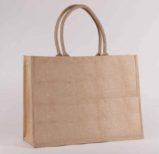 Light blue jute tote with a front pocket and tan rope handles