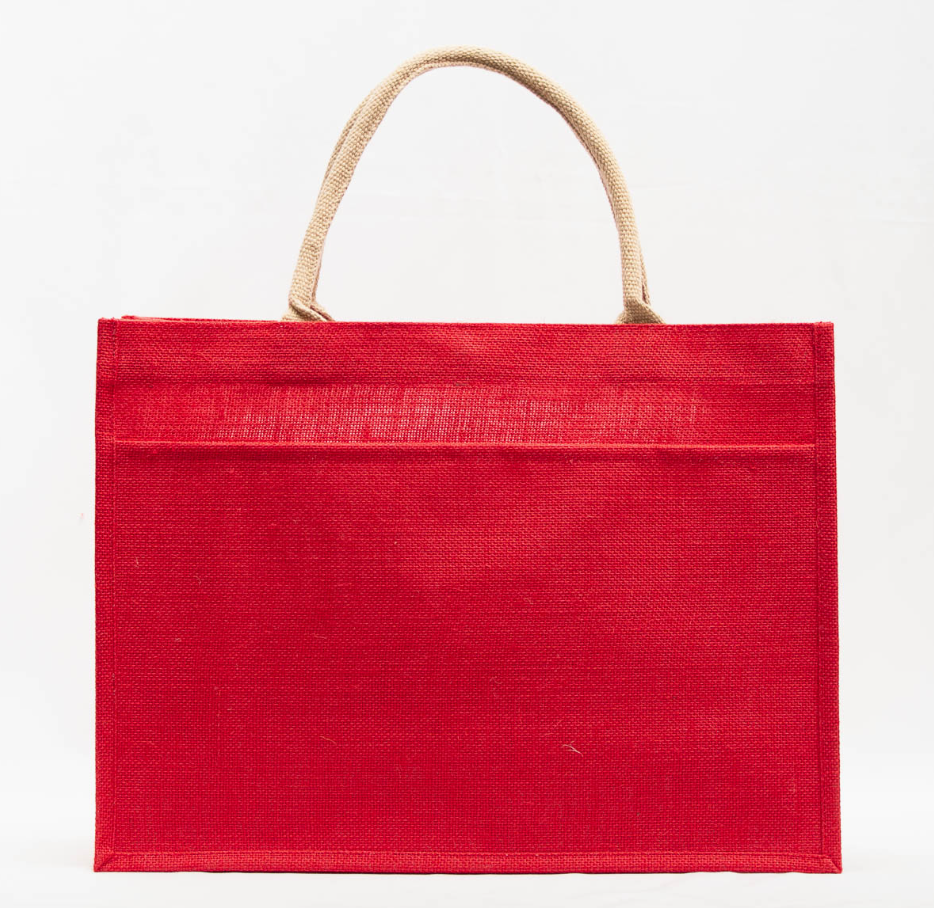 Red jute tote with a front pocket and tan rope handles