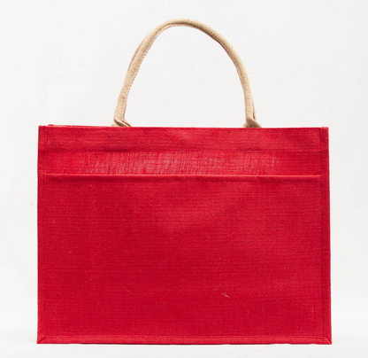 Red jute tote with a front pocket and tan rope handles