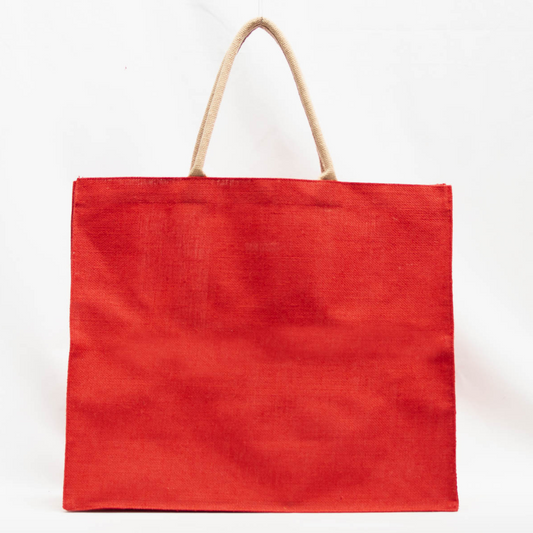 Red oversized jute carryall tote with tan handles